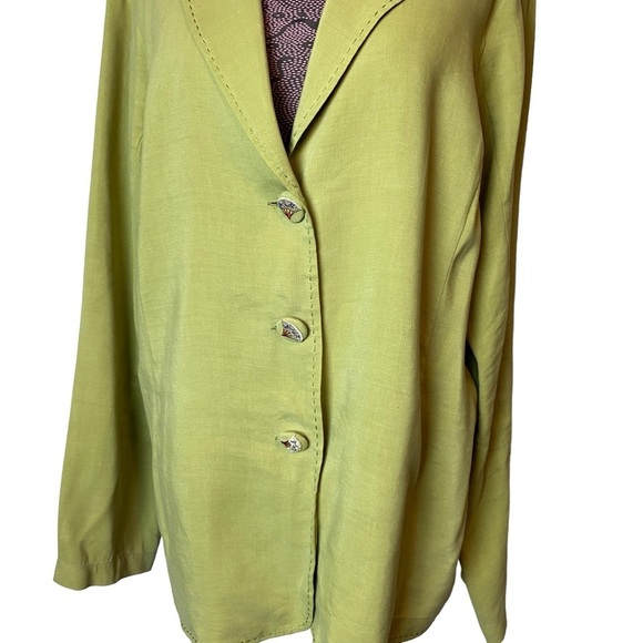 Citron Santa Monica Sz TXL Green Fan Buttons Blazer Jacket Silk Linen - Picture 2 of 9